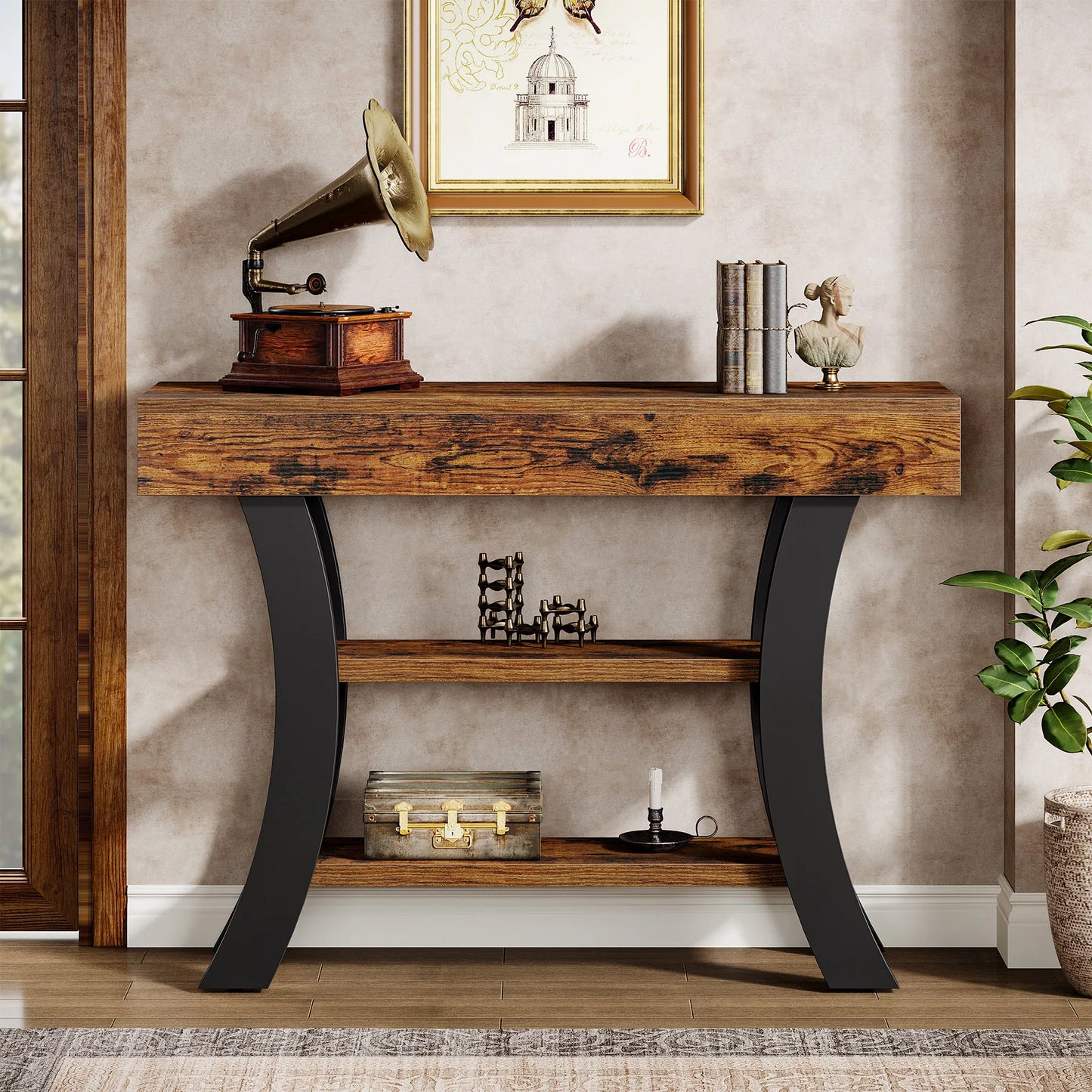 Tribesigns 41" Small Console Table for Entryway, 3-Tier Rustic Sofa Table with Storage Shelves and Curved Frame for Living Room