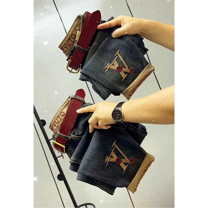 2025 NEW Spring Autumn Embroidery High Waist Straight Jeans Loose Fit Stretch Haren Denim Pants Ladies Ankle-Length Jeans Pants
