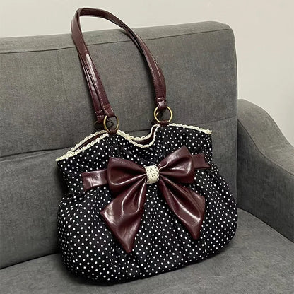 Chic Polka Dot Tote Bag Casual Commuting Vintage Women Handbags Shoulder Bag Versatile Large Capacity Dot Design Bow Sweet Bag