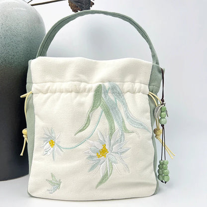Chinese Style Retro Flower Embroidery Crossbody Top-handle Bags Women Shoulder Lace Drawstring Bucket Bag Coin Purses Handbags