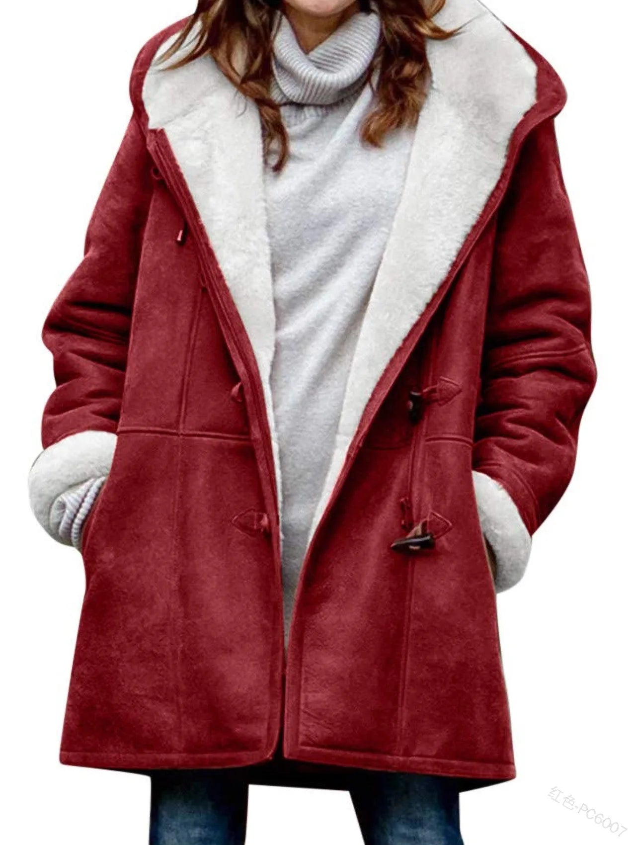 Coat Women's Jacket Cow Horn Buckle Pockets Solid Color Fleece Lined Hooded Overcoat Female Outerwear Winter Clothes Women