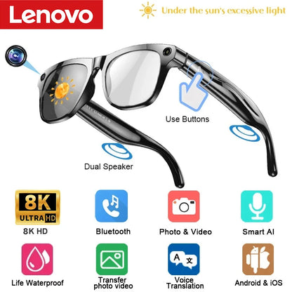 Lenovo 100MP Camera 8K HD Smart Glasses Chat GPT 260mAh Battery Bluetooth Call Voice Assistant Control Smart Glasses for Men