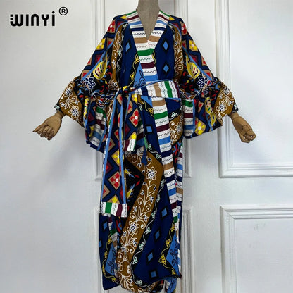 WINYI cotton feeling kimono print Self Belted dress Women Elegant holiday Bubble sleeve cardigan beach Wear Swim Suit cover up