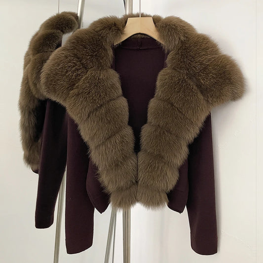 Elegant Knitted Cardigan Women's Sweater Knitting Jacket with Fur and cuffs Knitted Women's Long Sleeve Top Short Sweater