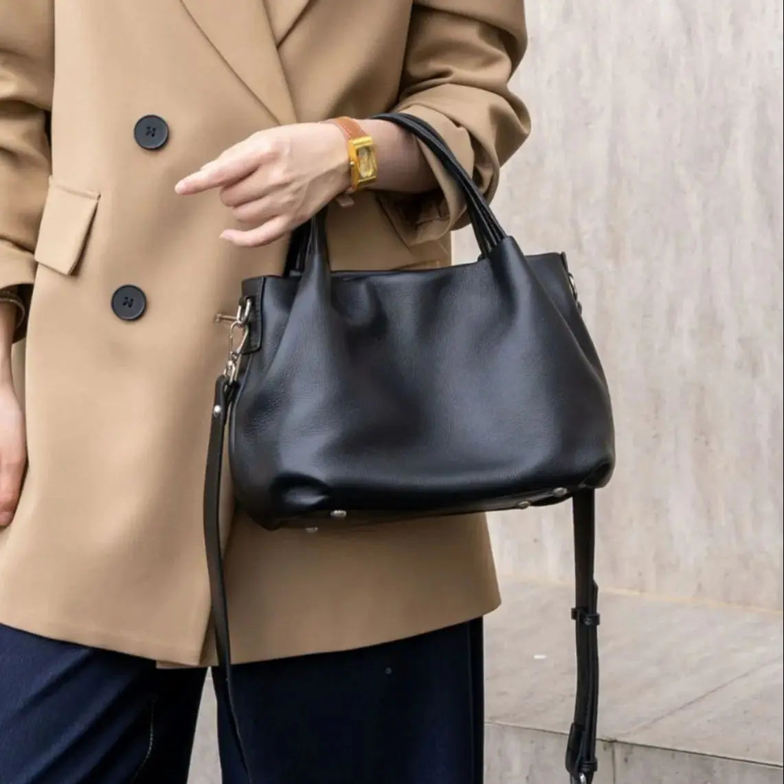 YANATARI Cowhide Genuine Leather Handbags Women Vintage Shoulder Bag Bucket Bag Soft Leather Luxury High Quality Crossbody Bag
