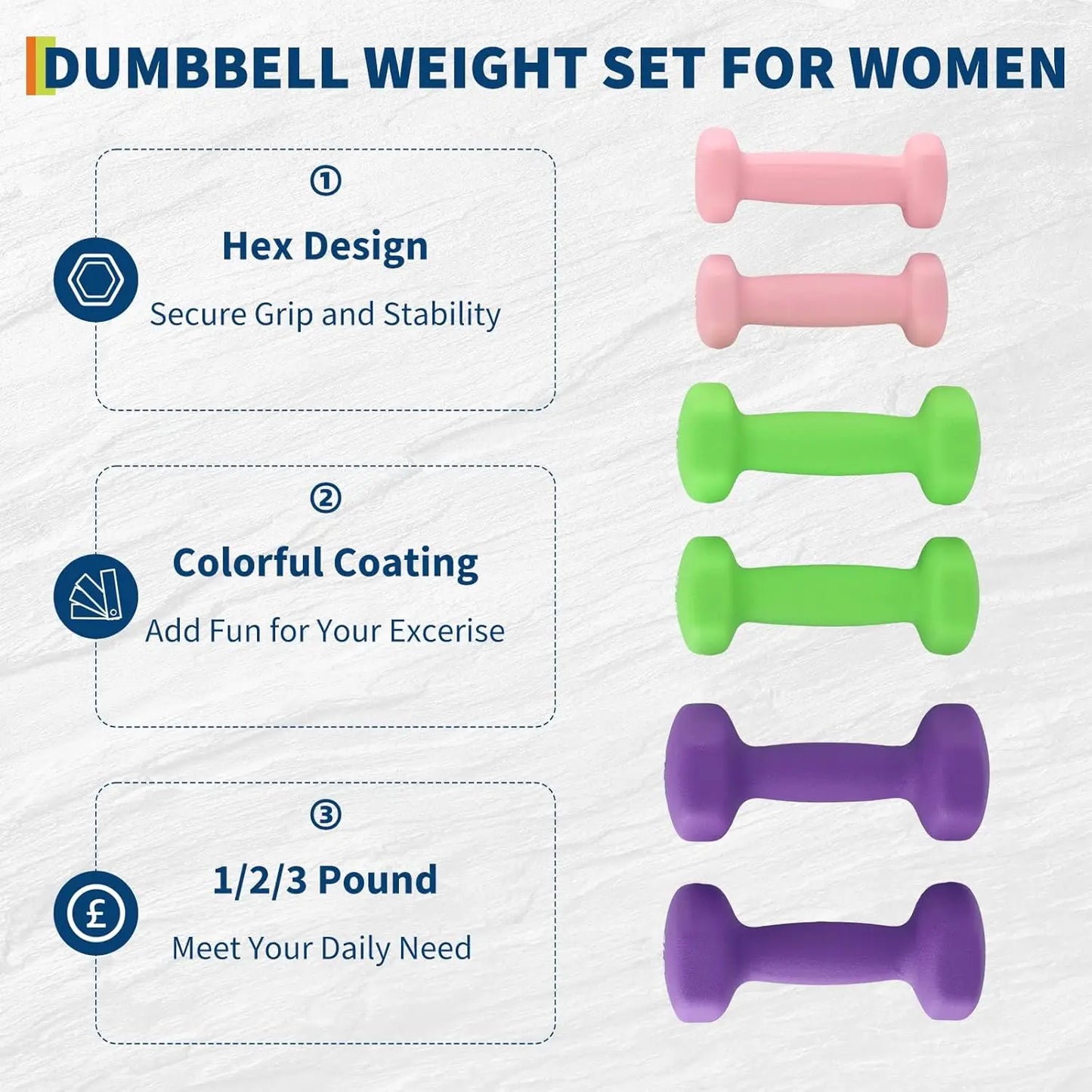 3 Pairs Non-Slip Anti-Roll Hex Dumbbell Set with Storage Box Neoprene Coated Plastic Steel Adjustable Dumbbells for Home Fitness