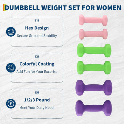 3 Pairs Non-Slip Anti-Roll Hex Dumbbell Set with Storage Box Neoprene Coated Plastic Steel Adjustable Dumbbells for Home Fitness