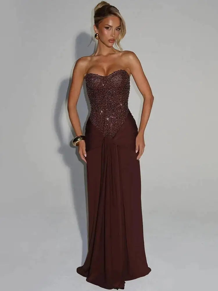 Mozision Sparkle Off-shoulder Sexy Maxi Dress Women Elegant Glitter Strapless Backless Sleeveless Draped Ruched Club Party Dress