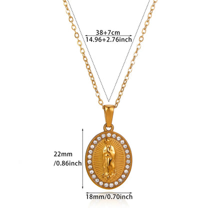 Virgin Mary Pendant With Diamonds Necklace For Women Gold Color Medal Charm Stainless Steel Religious Punk Jewelry Easter Gift