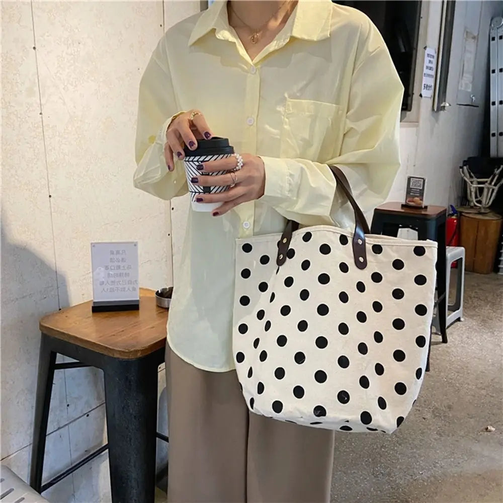 Simple Wave Point Polka Dot Canvas Bucket Bag Korean Style Large Capacity Handbag Lunch Bag Tote Bag Mummy Bag Shopping Bags