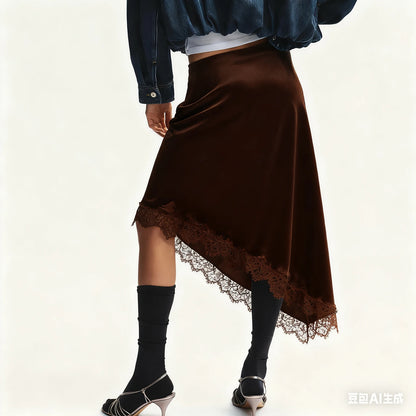 Luxury Women Asymmetrical Soild Color Midi Skirts Casual Elegant Lace Hem Santin Skirt for Beach Vacation Office