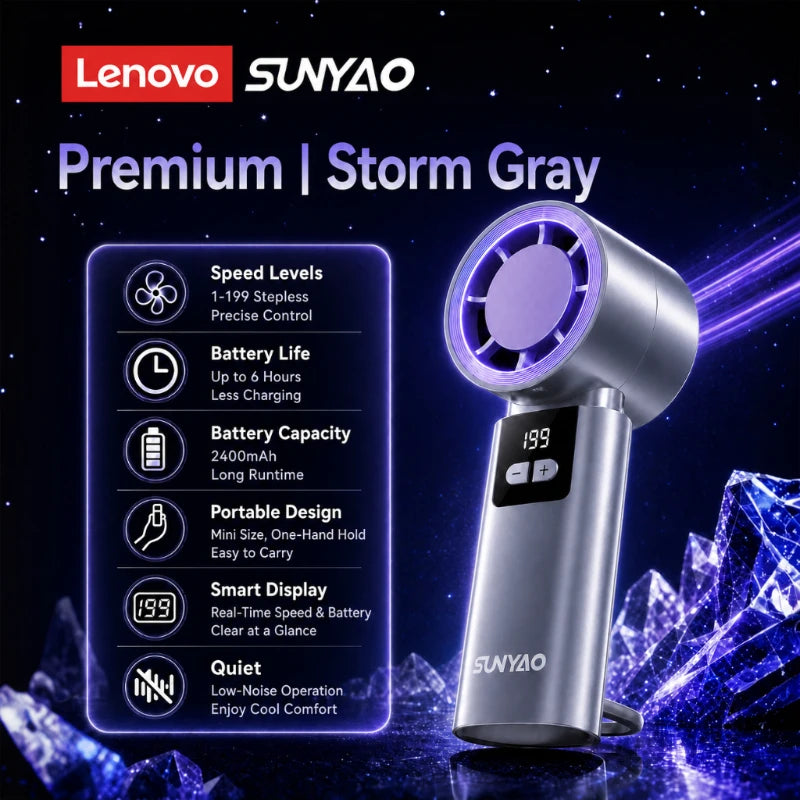 Lenovo FS001 Portable 199-Speed Stepless Adjustable Desktop Fan LED Digital Display 6H Long Battery Life Handheld Fan for Home