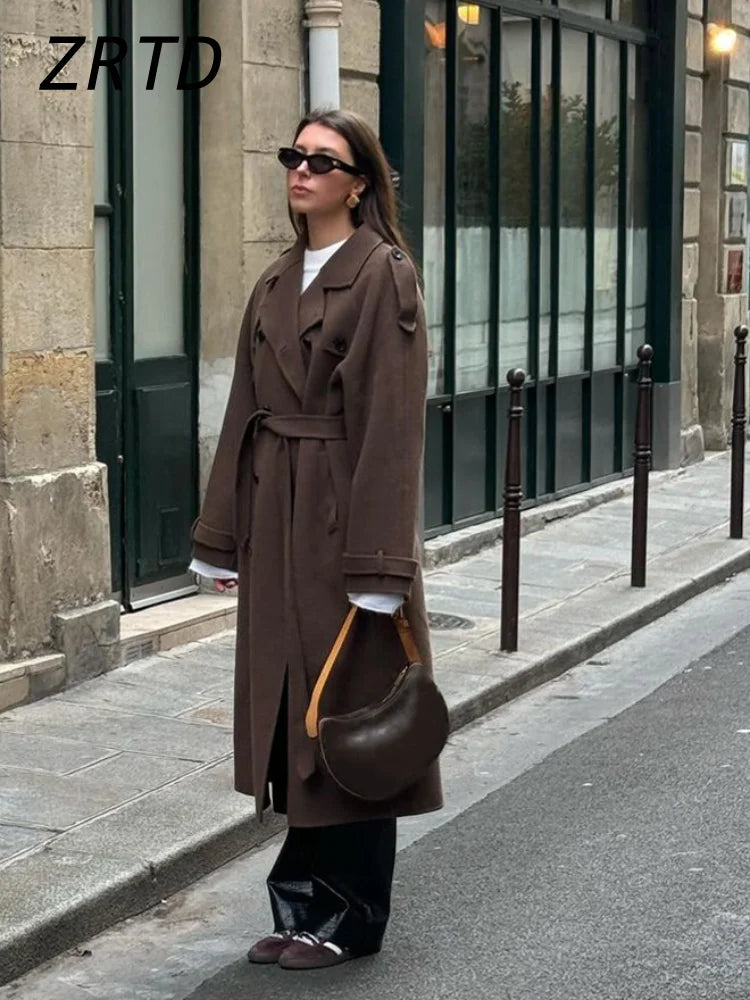 Street Women's Woolen Overcoat With Belt Loose Lapel Double Breasted Full Sleeve Long Coats 2025 Autumn Winter Lady Trench Coat