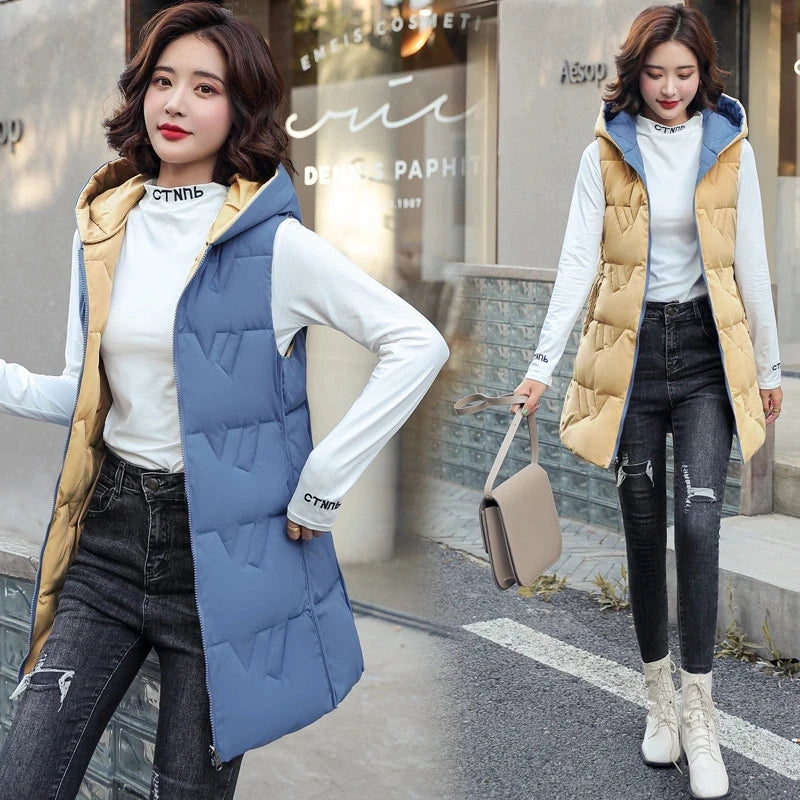 Double Side Vest Korean Slim Hooded Down Cotton Vest Women Waistcoat Sleeveless Jacket 2022 Autumn Winter Jacket Female Coat