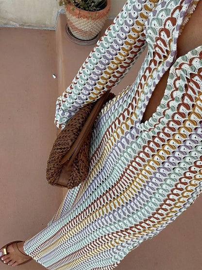 2024 New Fashion Women's Summer Crochet Long Dress Deep V-Neck Long Sleeve Thigh Slit Slim Beach Dress