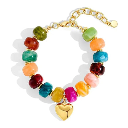Bohemian Colorful Chunky Resin Beaded Necklace for Women Y2K Trendy Gold Color Puffy Heart Pendant Choker Summer Beach Jewelry