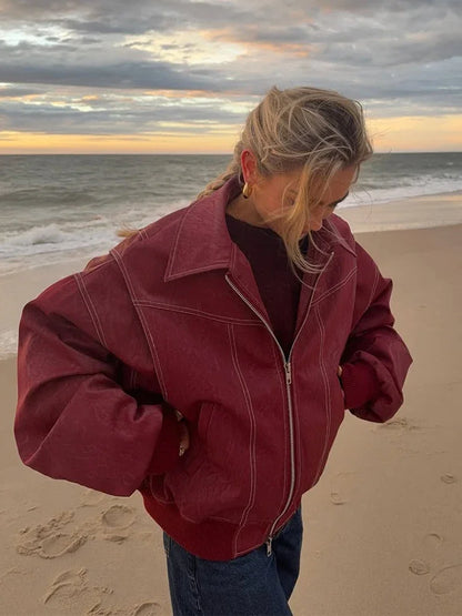 Solid Patchwork Cropped Coat Women Lapel Long Sleeve Loose Zipper Pockets Jacket Fashion Autumn Lady Casual Street Outerwear