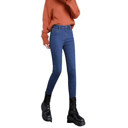 Pure Color Fleece Lined Thickened Slim Fit High Waist Jeans Women's Fashion plus Size Long Pants Tight Bodycon Style