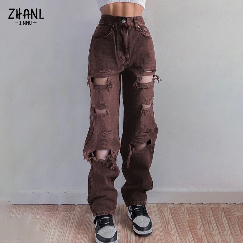 Brown Women Straight Pants Vintage Black Ripped Jeans Fashion Streetwear Hole Hip Hop High Waist Pants Y2k Denim Trousers Ladies