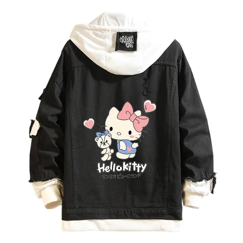 Anime Sanrio Denim Bomber Jacket Hello Kitty Hooded Jeans Sweatshirt Unisex Ripped Hole Cosplay Hoodie Long-Sleeved Denim Jacket