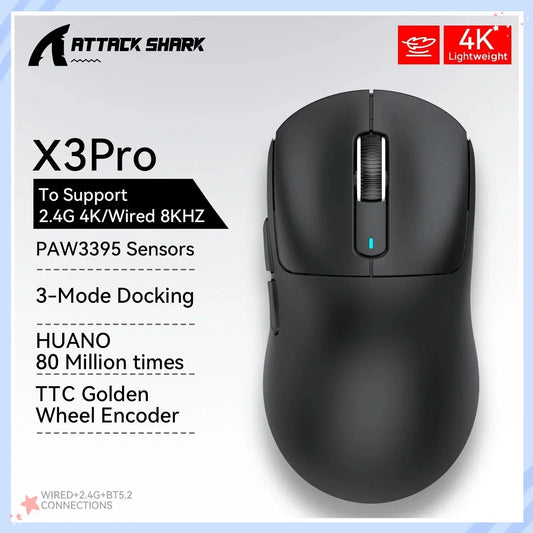 Attack Shark X3Pro Wireless  Gaming Mouse PixArt PAW3395 26000dpi Bluetooth Optical Mouse Tri-Mode Connection Macro Gaming Mouse