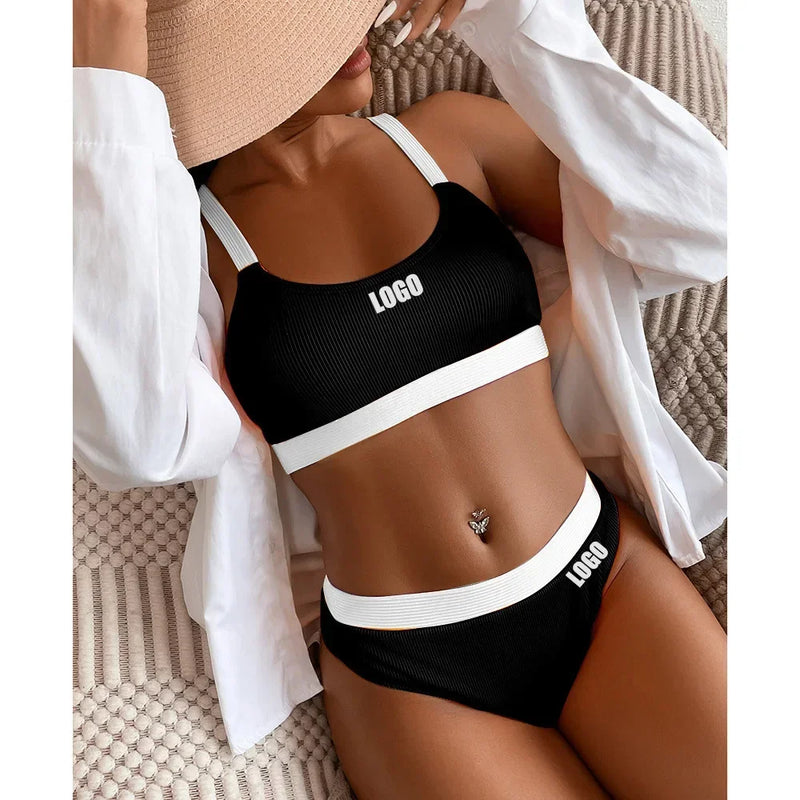 Custom LOGO women's clothing new special fabric threaded pit strip bikini color matching split swimsuit explosion