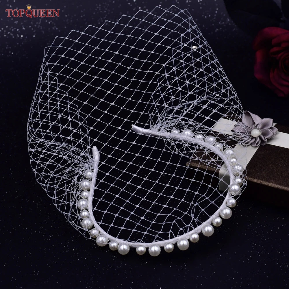 TOPQUEEN VA12 Wedding Birdcage Veil Bridal Blusher Veil White Headband Veil for Bridal Fascinators Black Face Net Mask Bachelore