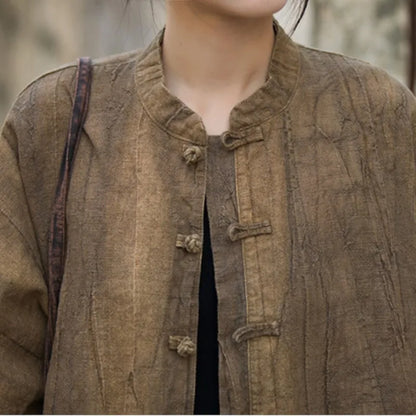 Johnature Women Vintage Ramie Shirt Jackets Stand Long Sleeve High Quality Coats 2025 Autumn New Button Loose Women Jackets