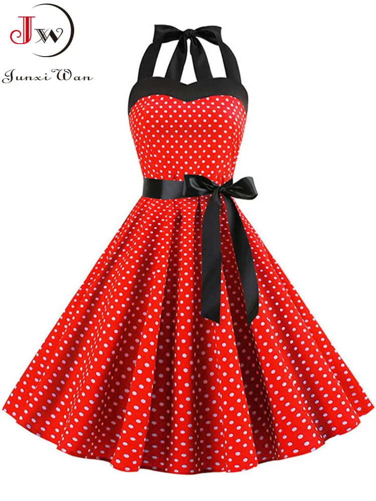 Women Summer Polka Dot Vintage Dress Fashion Party Office Lady 50s 60s Rockabilly Big Swing Halter Clothes Tunic Vestidos