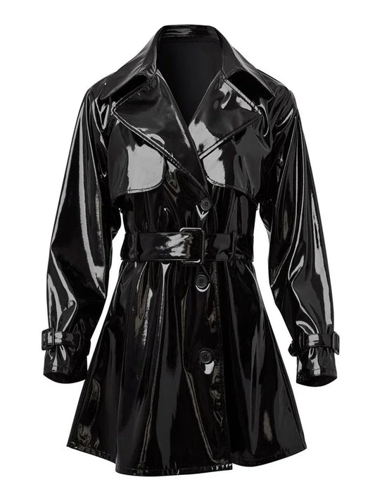Women Faux Leather Jacket Coat Glossy Patent Leather Trench Overcoat With Belt Gothic Black PVC Laple Blazer Suit Pocket Custom