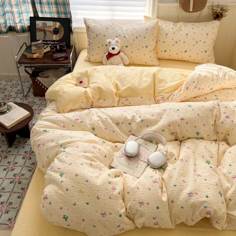 Ins Style Printed All-Cotton Bedding Set Antibacterial Dormitory Bedclothes for Students Comfort Skin-Friendly Home Decoration