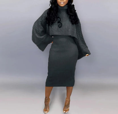 Women's Sweater Dress Set Autumn Winter New 2025 Solid Turtleneck Ribbed Sweater & Knitted Strap Dress Sets Matching Outfit