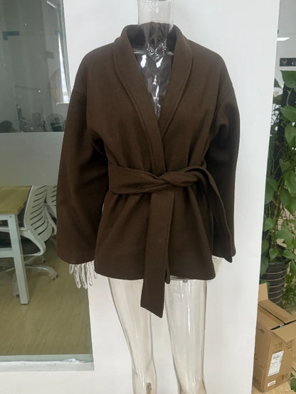 Fashion Casual Brown Coat Cardigan Simple Loose V-Neck Long Sleeve With Belt Jackets 2025 Autumn Winter Lady New Solid Outerwear