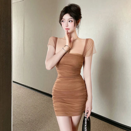 Mesh Dresses Women Summer New Sexy Slim Trendy Korean Style Simple Sleeveless Design Elegant Temperament Female Tender Party Ins