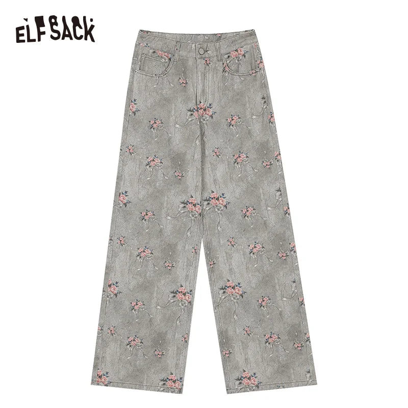 ELFSACK 2025 Spring New Arrivals Retro Flower Printed Wide Leg Cotton Jeans Women Loose Straight Pants