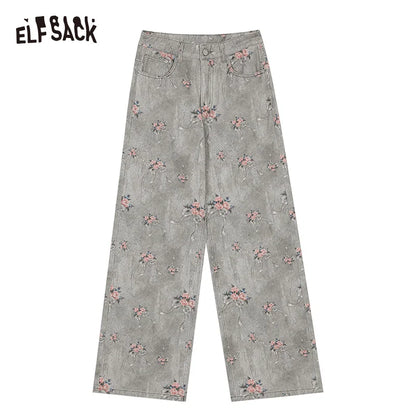 ELFSACK 2025 Spring New Arrivals Retro Flower Printed Wide Leg Cotton Jeans Women Loose Straight Pants