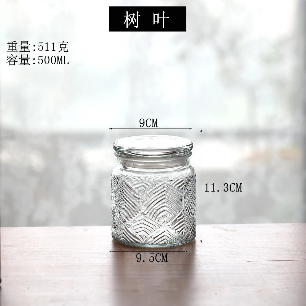 Retro Transparent Glass Sealed Jar Glass Lid Storage Jar Begonia Flower Glass Bottle Candy Storage Jar Kitchen Storage Supplies