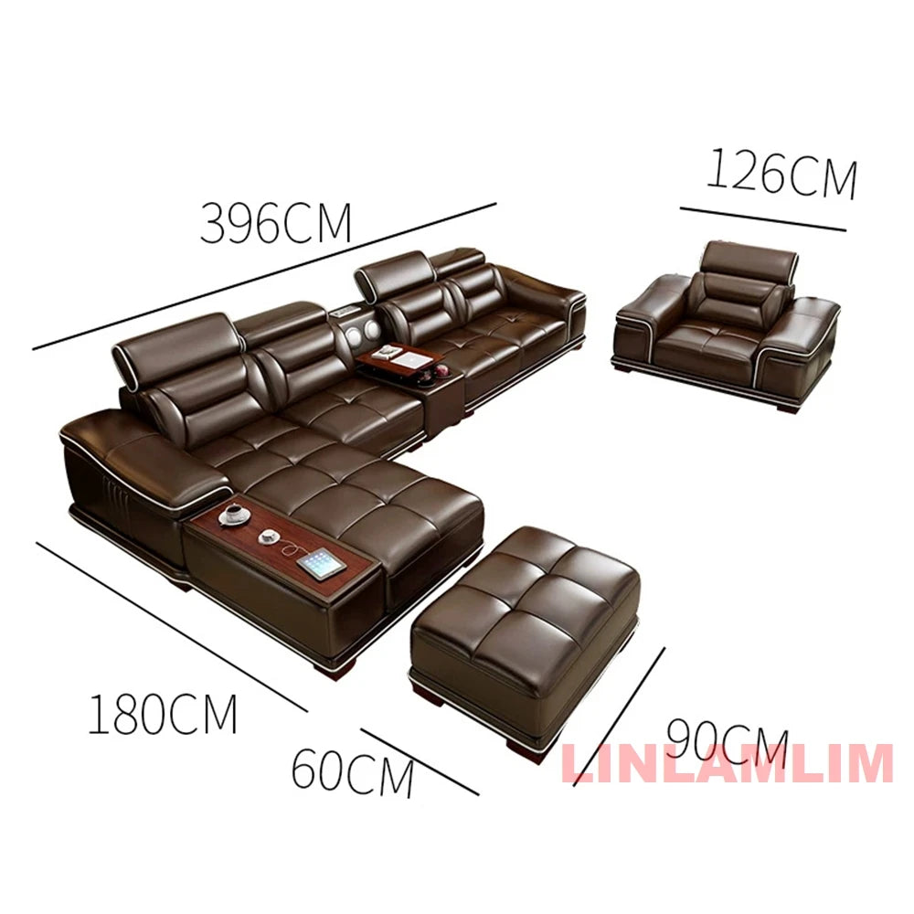 Modern L-Shaped Genuine Leather Sectional Sofa with Chaise Lounge, Adjustable Headrests, USB, Bluetooth Speaker & Cup Holder