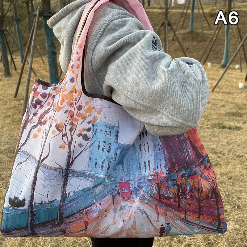 New Fashion Bag Foldable Shopping Bag Reusable Grocery Storage Bag Nylon Portable Shoulder Handbag Travel Tote Bag