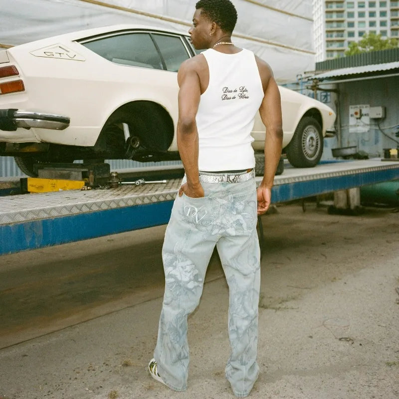 New retro cupid angel pattern women loose pants y2k hip hop streetwear fashion unisex straight jeans for men and women
