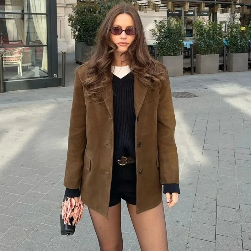 Talenza Vintage Women's Suede Leather Jacket Single Breasted Lapel Brown Blazer Loose Coats 2025 Autumn Office Lady Outerwears