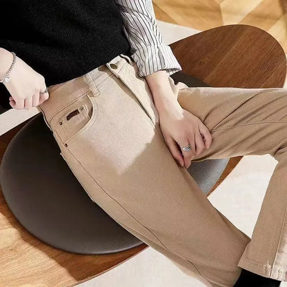 Spring Winter New Plus Velvet Women Jeans Button High Waist Solid Pants Pockets Thicken Fashion Casual Straight Trousers 2022