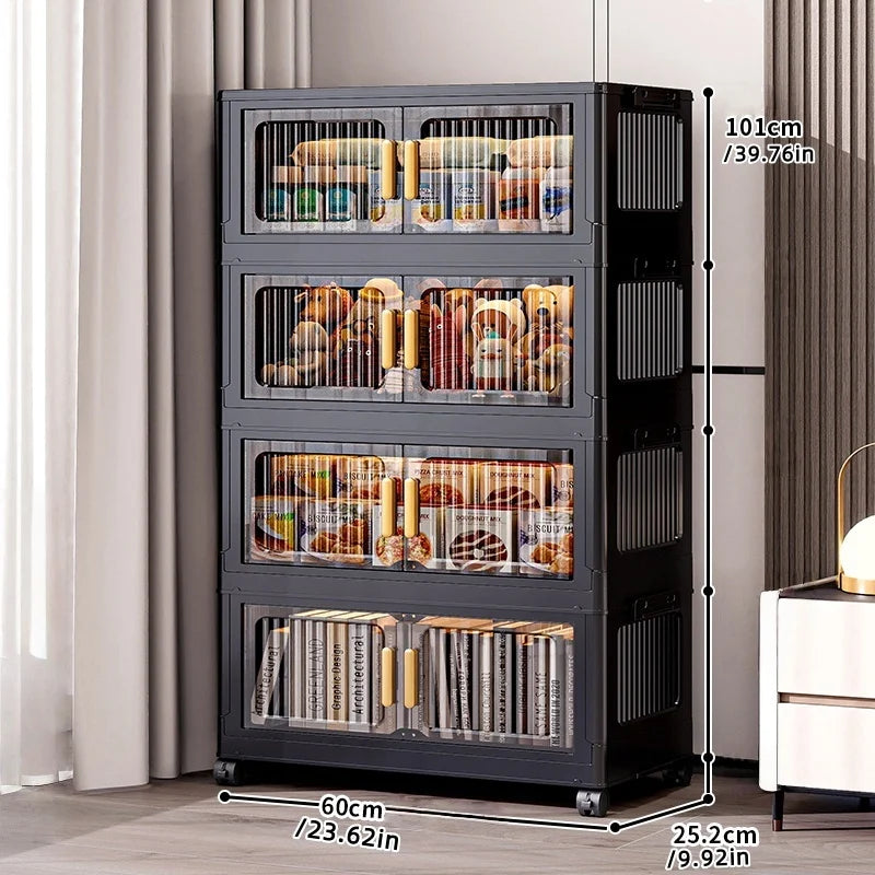 Foldable Clear Double-Door Storage Cabinet Large Space-Saving Mobile Organizer Dustproof Moisture-Proof for Kitchen Living Room