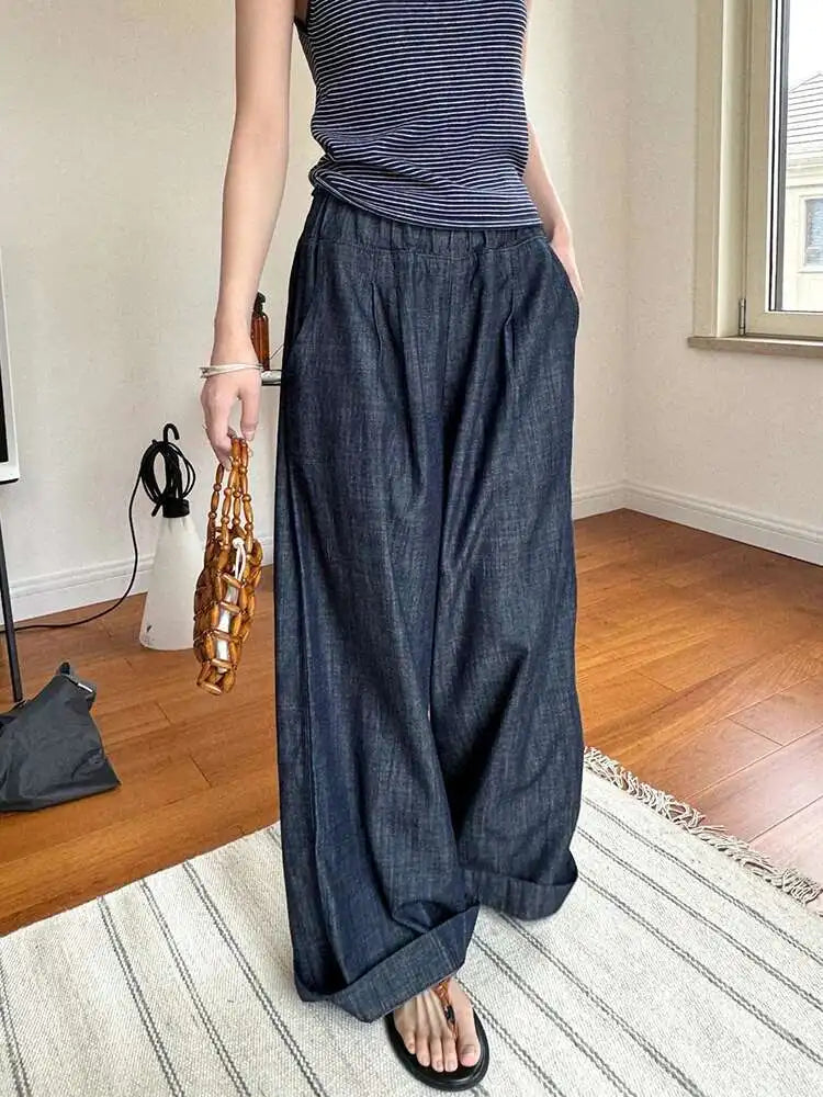 [LANMREM] Vintage Elastic High Waist Jeans For Women Straight Wide Leg Denim Pants Sunscreen Trousers 2025 Summer New 26D9421