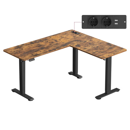 Electric Height Adjustable Desk, 140 x 160 cm, with Power Strip, 2 Height Memory Function, Cloud White/Rustic Brown
