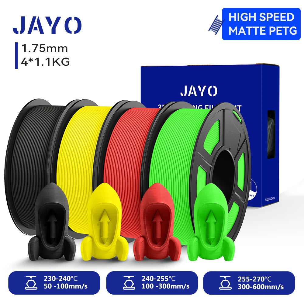 JAYO 4Rolls 3D High Speed Matte PETG 3D Filament 1.75mm 30mm/s - 600mm/s Print Range High Flow Speedy PETG 3D Printer Filament