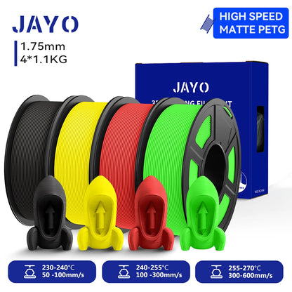 JAYO 4Rolls 3D High Speed Matte PETG 3D Filament 1.75mm 30mm/s - 600mm/s Print Range High Flow Speedy PETG 3D Printer Filament