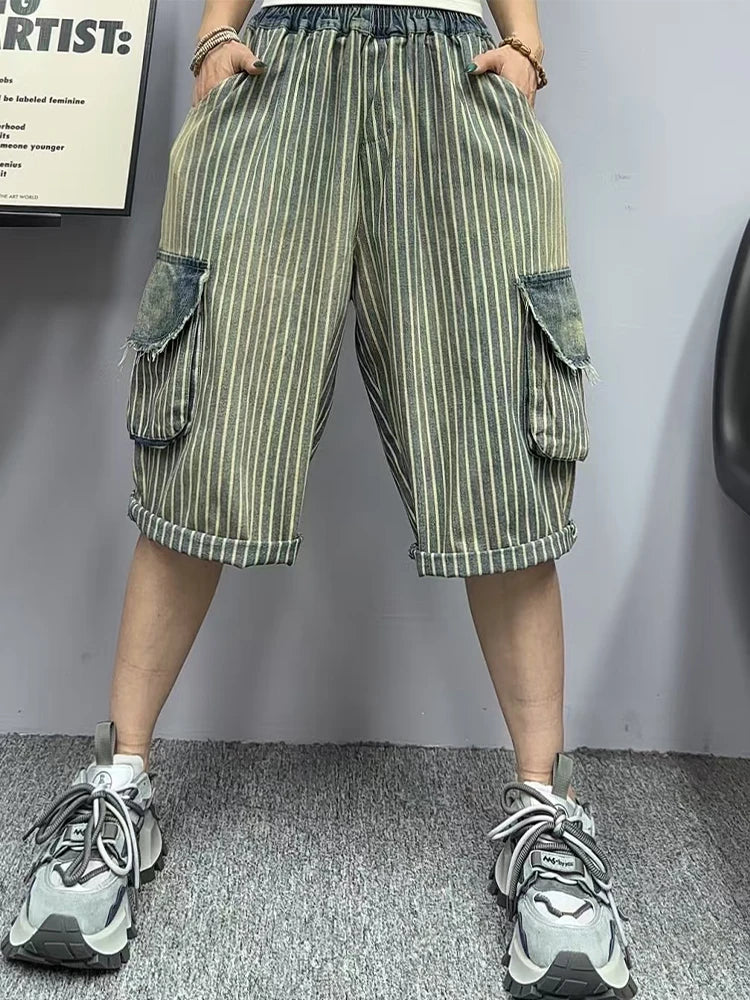 Amax luluE Summer Womens Fashion Striped Denim Pants Females Loose Leisure Elastic Waist Jeans Classic Vintage Luxury Trousers