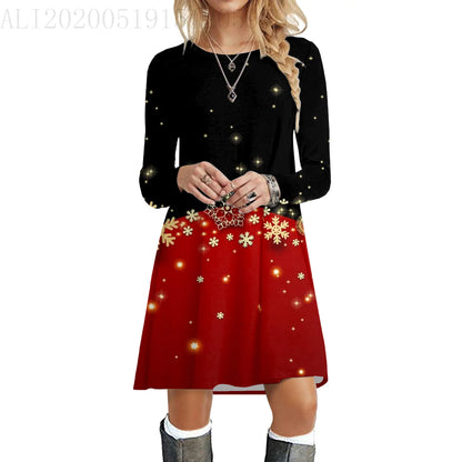 Cute Christmas Elk Print Dresses For Autumn Fashion Long Sleeve Loose A-Line Dress Casual Women Party Dress 2023 Winter Clothing