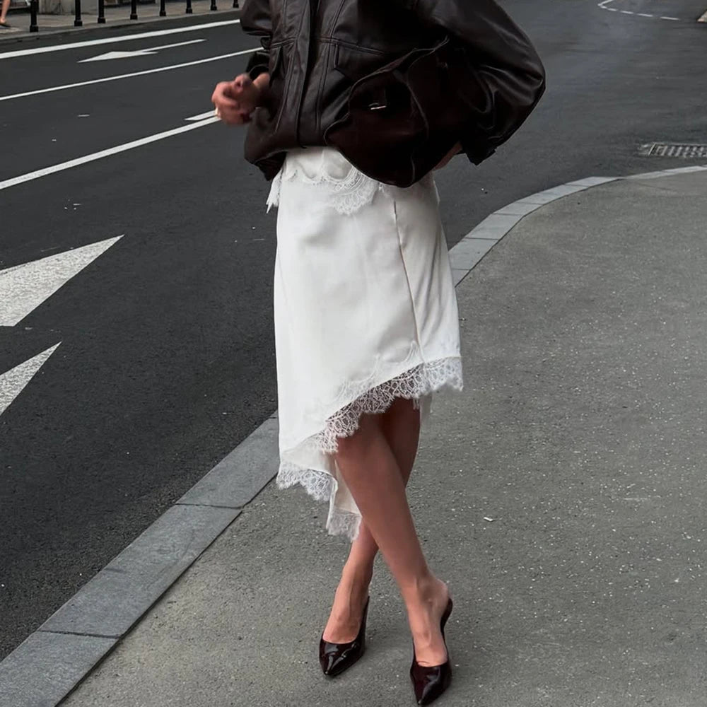 Talenza White Lace Skirts Women Fashion Irregular Lace Patchwork Slim Skirts High Waist Streetwear Party Looks Female Maxi Skirt